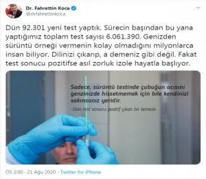 Bakan Koca: Test sonucu pozitifse asıl zorluk izole hayatla başlıyor 